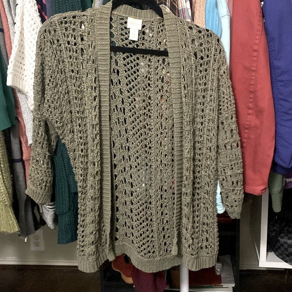 Tops - Chicos Green “holy” Open Sweater Quick List